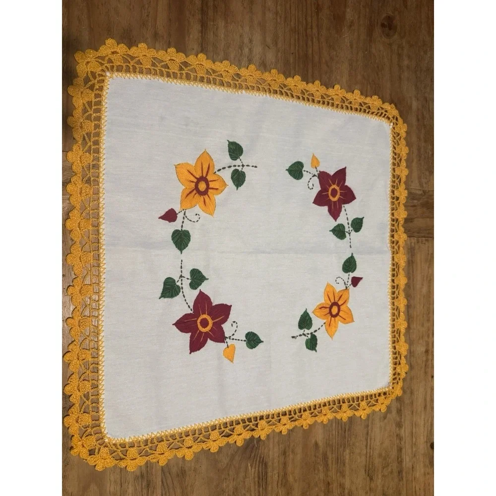Vintage Hand Embroidered Linen Tablet Topper Crochet Lace Floral Cottagecore